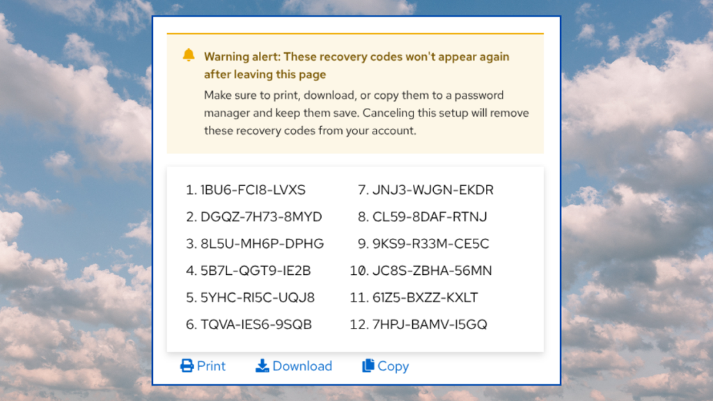 A dialog box from an OTP registration scheme, showing 12 OTP recovery codes, with guidance to save them safely and options to print, download or copy.