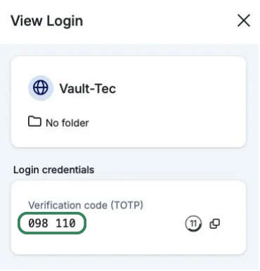 TOTP code 098110 generated by Bitwarden Teams app on MacBook