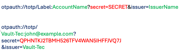 Image shows how the schema is used to populate the special URI
otpauth://totp/Vault-Tec:john@example.com?secret=2QF6RO5CJH7STXYSCN57SA5PXWWRU6UO&issuer=Vault-Tec